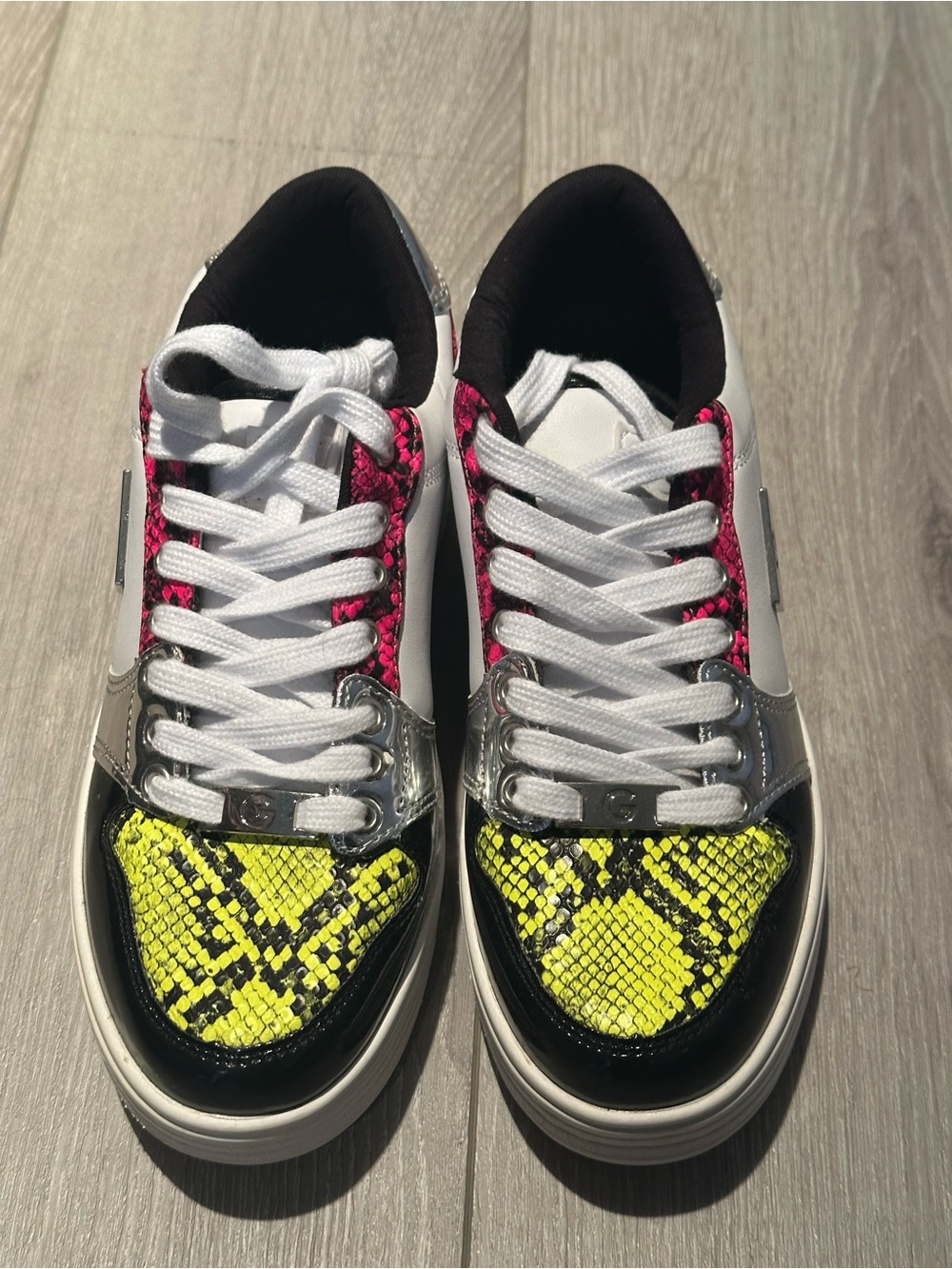 G by Guess White Sneakers with Neon Yellow & Hot Pink Snake-Print